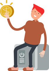 Boy Character Sitting on Safe and Holding Dollar Coin
