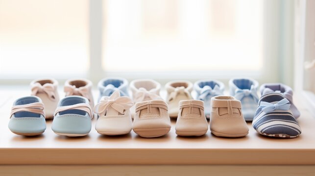 Adorable Baby Shoes Lined Up Neatly On A Pastel Blue Blanket In A Cozy Nursery.