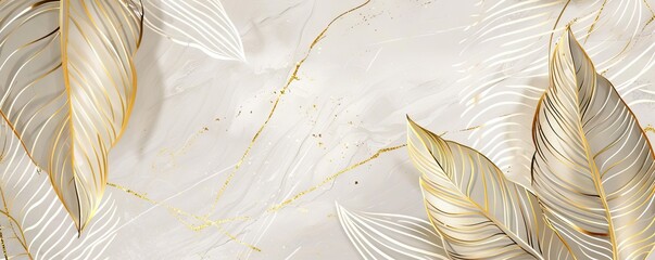 Abstract background with marble texture and golden banana leaves line art pattern. AI generated illustration