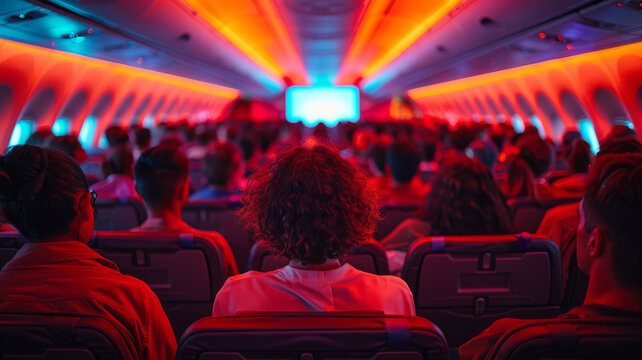 the cabin of a plane, people are watching movies on the tiny plane screen on back of seat,generative ai