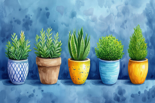 Colorful Potted Plants Collection on Vibrant Blue Background