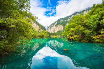 Beautiful view of clear lake at Pearl Beach in Jiuzhaigou, Sichuan, China