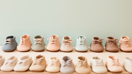 Fototapeta na wymiar Adorable baby shoes lined up neatly on a pastel blue blanket in a cozy nursery.