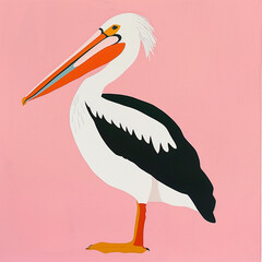 Funny card for birthday. Portrait of pelican on bright background