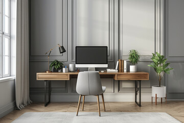 Modern Home Office Interior with Elegant Wooden Desk and Minimalist Decor