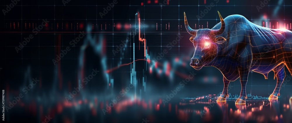 Wall mural polygonal 3d bull on financial and business stock exchange market chart abstract background.