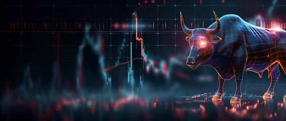 Polygonal 3d bull on financial and business stock exchange market chart abstract background. 