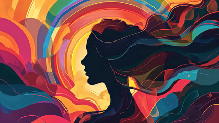 Abstract digital art featuring a woman's profile enveloped in a swirl of vibrant, flowing colors, evoking emotion and movement.
 - obrazy, fototapety, plakaty