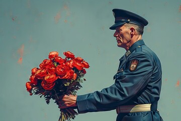 A man in a military uniform carries a bouquet of flowers during military or state ceremonies.
Concept: veterans and public holidays, patriotic events or remembrances - obrazy, fototapety, plakaty