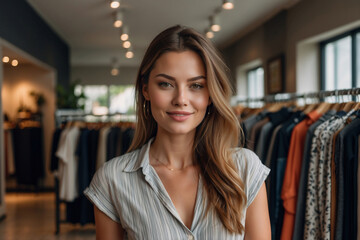 Stilbewusste Geschäftsfrau mit freundlichem Lächeln in moderner Boutique - obrazy, fototapety, plakaty