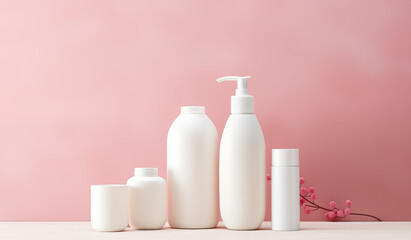 Obraz na płótnie Canvas a mockup featuring white cosmetic bottles displayed against a soft pink background. these bottles contain shampoo, conditioner, and shower gel. the mockup provides ample space to add text or branding 