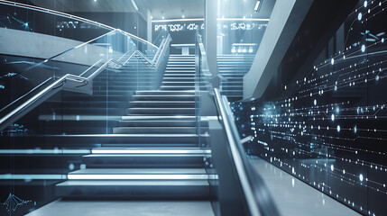 A futuristic office staircase with embedded sensors and AI-assisted safety features for seamless...