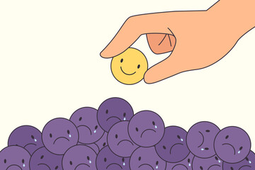Hand picking happy smile emoticon out of many crying sad emoticon. Concept of choosing happiness, mental health, good vibe, emotion management. Flat vector illustration. 