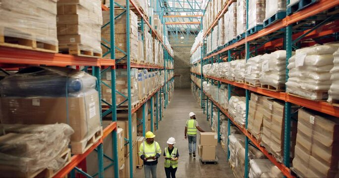 Warehouse, shipping and people walking in a distribution, freight and supply chain company. Worker, contractor and back with stock, factory and export business with employee working with storage