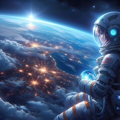 A fearless astronaut in a spacesuit watches the planet earth from outer space while sitting on a spaceship. Space concept. - obrazy, fototapety, plakaty