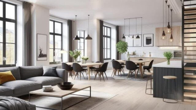 3d rendering. new modern scandinavian loft apartment. 