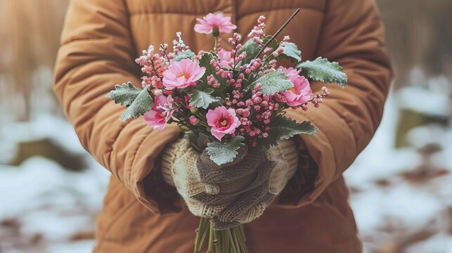 Hands holding a bouquet of flowers. Fresh plant.
Concept: floral services, custom bouquets, in the context of weddings and celebrations.