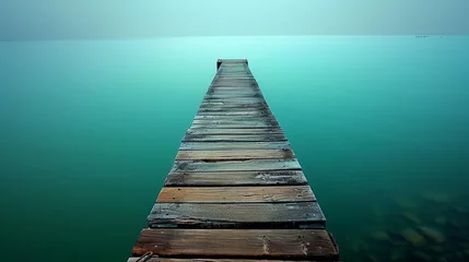 Deurstickers Tranquil wooden pier extending over calm waters, ideal for text placement in serene settings © Philipp