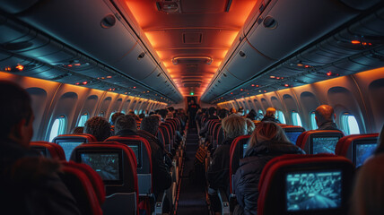 Fototapeta premium the cabin of a plane, people are watching movies on the tiny plane screen on back of seat,generative ai
