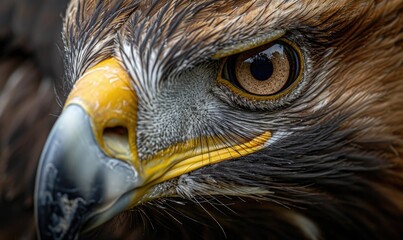 A macro portrait of amazing eagle, capturing the intricate patterns of its feathers and the striking details of its eyes and beak.