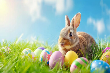 Fototapeta na wymiar Easter Bunny With Colorful Eggs on Spring Meadow