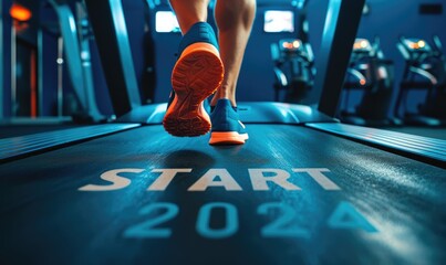 Close up of feet of sportsman runner running on treadmill with word 