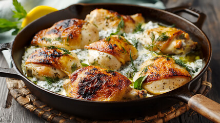 Perfectly seared chicken breasts nestled in a creamy dill sauce, served in a cast iron skillet, garnished with fresh herbs