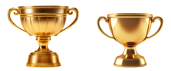 Set of golden trophy cups. Champion trophy, shiny golden cup, sport award. Winner prize. Isolated