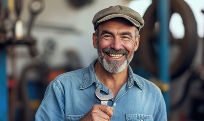 A cheerful man with a rugged face and a hint of mischief in his smile holds a trusty wrench, ready to tackle any challenge on the busy city streets.