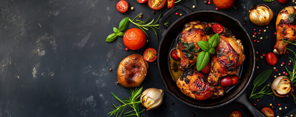 Succulent roasted chicken thighs in a cast iron skillet, accompanied by fresh herbs, spices, and cherry tomatoes on a dark surface - obrazy, fototapety, plakaty