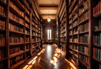 Rows of bookshelves in a serene library, bathed in soft light, inviting viewers to immerse themselves in the pursuit of wisdom through the art of reading, captured in breathtaking HD clarity