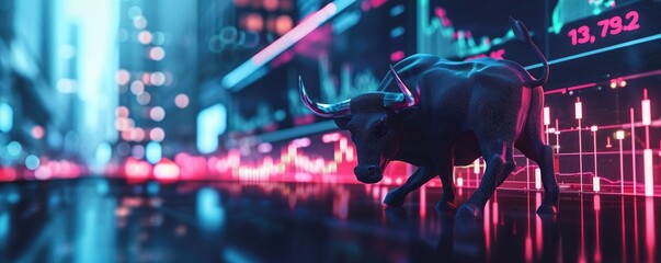In the fast-paced world of stock and crypto, a majestic bull with a vibrant red and blue design charges forward, embodying the bullish trend and graph data while radiating a sense of strength 