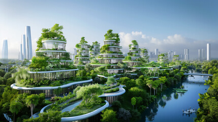 This lush urban oasis showcases a revolutionary approach to city living with spiraling green architecture amidst a serene park-like environment