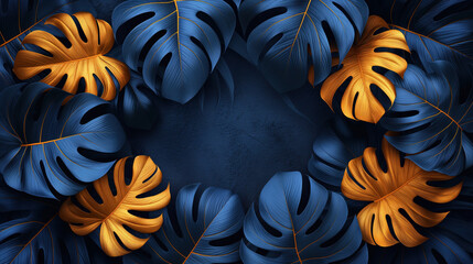 Blue and Gold Leaves on a Dark Blue Background - obrazy, fototapety, plakaty