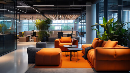 A high-tech office lounge featuring AI-controlled furniture that adjusts to individual preferences for comfort