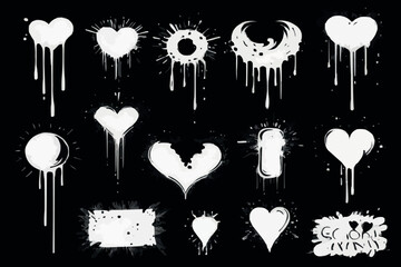 Collection of unique graffiti hearts. Painted broken heart. Spray ink hearts. Romantic valentine day heart, Abstract paint love symbol vector design elements.