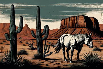 Retro poster themed image featuring a Cowboy and his Horse with a dramatic Wild West landscape at sunset.