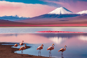 Landscape photo of Laguna Colorada lake with pink chilean flamingos at Andes mountains background. Scenery view of Bolivia in natural wilderness. Bolivian nature landmarks concept. Copy ad text space