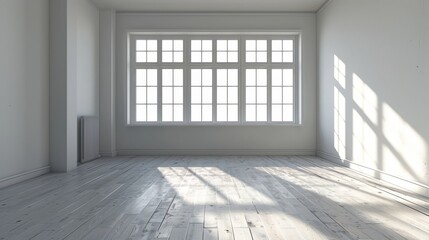 Empty room with large window and wooden floor