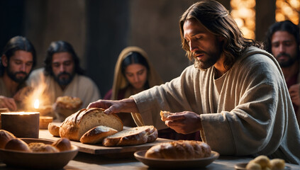 jesus sharing bread - obrazy, fototapety, plakaty