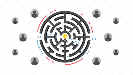 Round maze in dark red color on white background with person icons vector illustration - obrazy, fototapety, plakaty