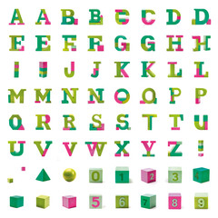 Modern colors 3D font letter alphabet and numbers wooden toy blocks