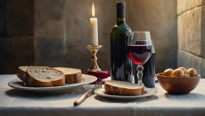 Fototapeta na wymiar table with bread and wine