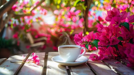 Serene Morning with Coffee Amidst Blooming Flowers. Generative ai