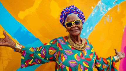 Cheerful senior woman in front of a painted wall