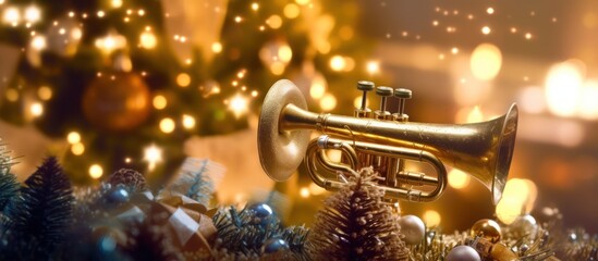A Christmas tree with a golden trombone on top - obrazy, fototapety, plakaty