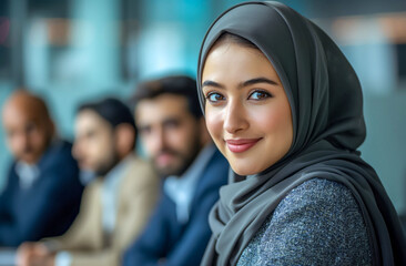 Smiling Young Woman in Hijab with Colleagues in the Background
