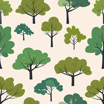 Repeating seamless pattern with various green trees