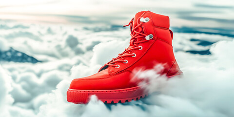 red, boot, clouds, sky, blue, floating, dreamy, surreal, fashion, footwear, floating shoe, creative, whimsical, cloud-walking, altitude, freedom, journey, levitation, abstract, atmospheric, design, mo