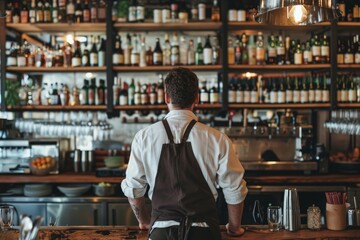 A restaurant chef standing in front of a bar filled with various bottles of alcohol and mixers